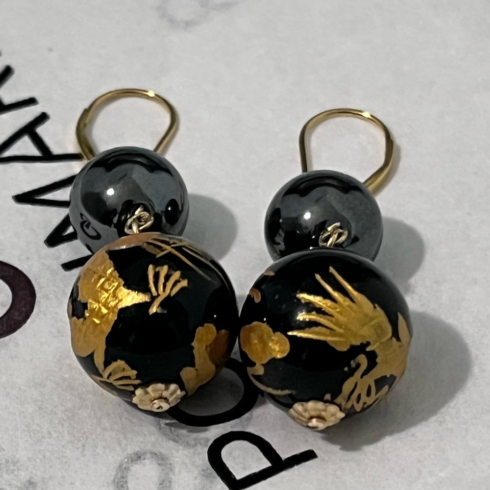VINTAGE RETRO AUTHENTIC HEMATITE BEADED CHINESE EMBOSSED IN GOLD DRAGON EARRINGS
